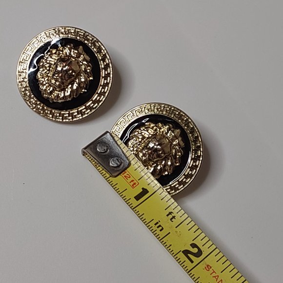 Gold Tone And Black Round Lions Head Earrings - Picture 11 of 11